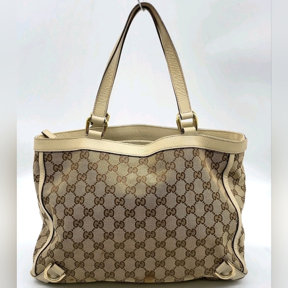 Authentic Gucci GG Canvas Leather Beige/White Tote Bag - Picture 3 of 16